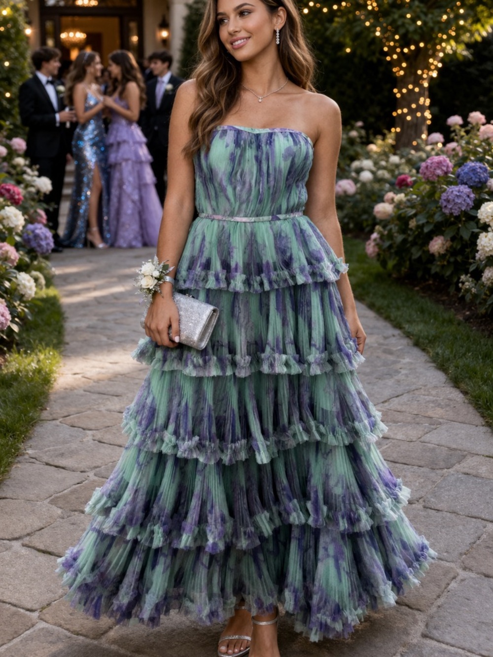 Hutch Strapless Layered Tulle Gown in Lavender and Mint 00